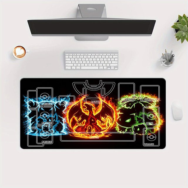 Potdemiel Pokémon TCG Spielmatte mit Neon Blastoise, Charizard, Venusaur, Kanto-Starter-Design, Sammelkartenspiel-Matte mit Zonen - Bild 1