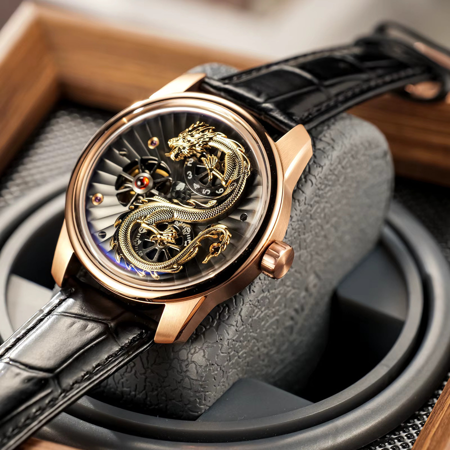 Oblvlo Armbanduhr, Automatik, Gold, Leder, Herren - Bild 4