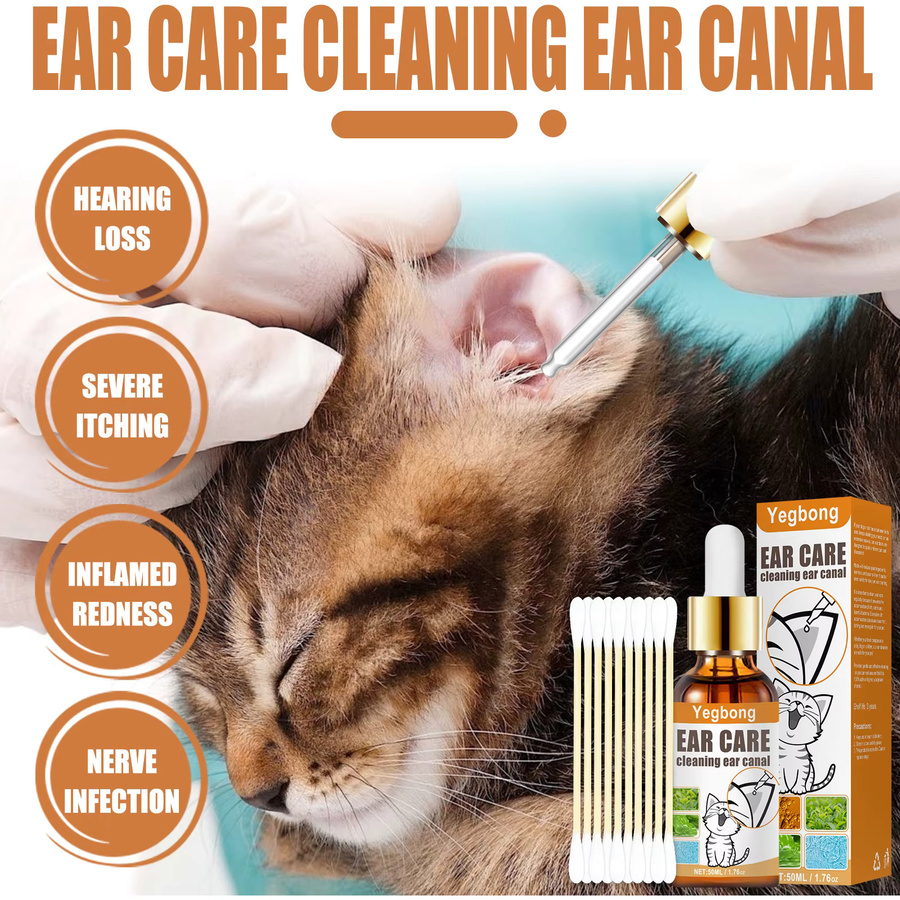 YEGBONG 2er-Set Haustier-Ohrpflegeset zur Milbenkontrolle und Juckreizlinderung mit hypoallergener Reinigungslösung und Wattestäbchen für Hunde und Katzen, multicolour - Bild 2