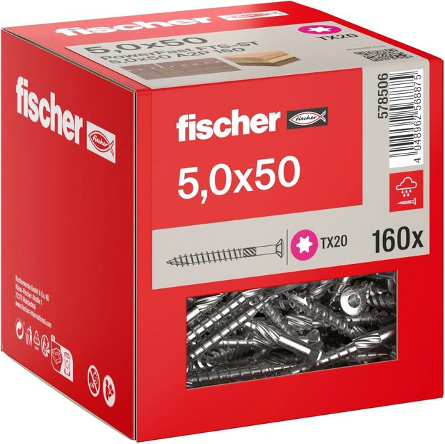 Fischer Terrassenschraube A2 Edelstahl Senkkopf Torx Teilgewinde Silber Ø 5 mm x 50 mm 160 Stück - Bild 1