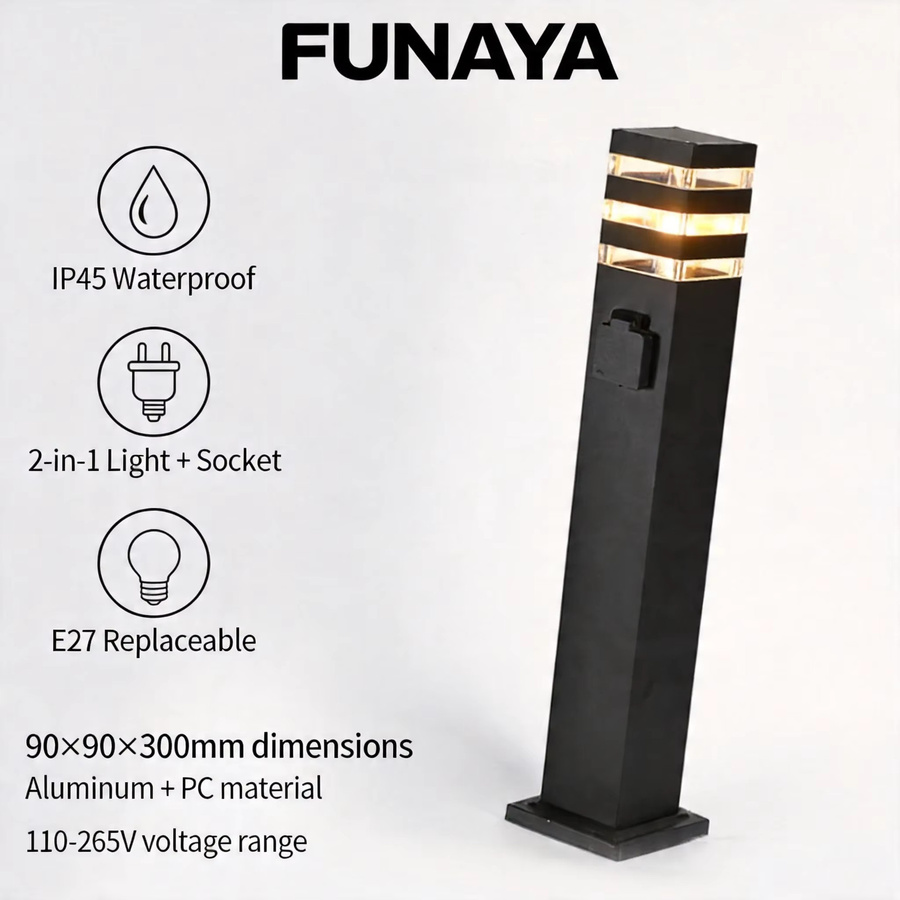 FUNAYA Außenleuchte mit wasserdichter Steckdose, moderne LED Pollerleuchte aus Aluminium in Schwarz, E27 Fassung, IP45 Schutzklasse für Garten und Innenhof - Bild 2
