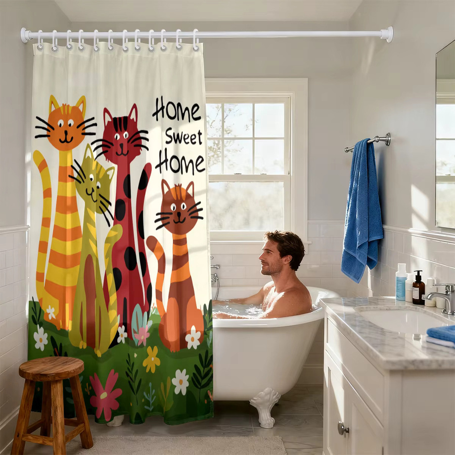 Wasserdichter Duschvorhang mit Cartoon-Katzen-Print in Mehrfarbig, Polyester, B/H: 180 x 180 cm, inklusive 12 Haken - Bild 3