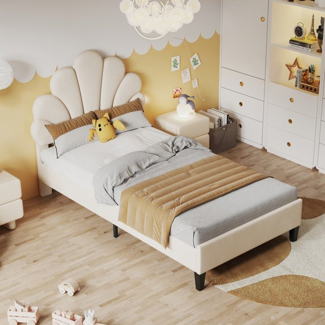 Prinzessinnenbett für Kinder und Jugendliche mit floralem Kopfteil und Lattenrost, Samtbezogenes Bettgestell in Beige, B/T/H: 90 x 200 cm - Bild 1