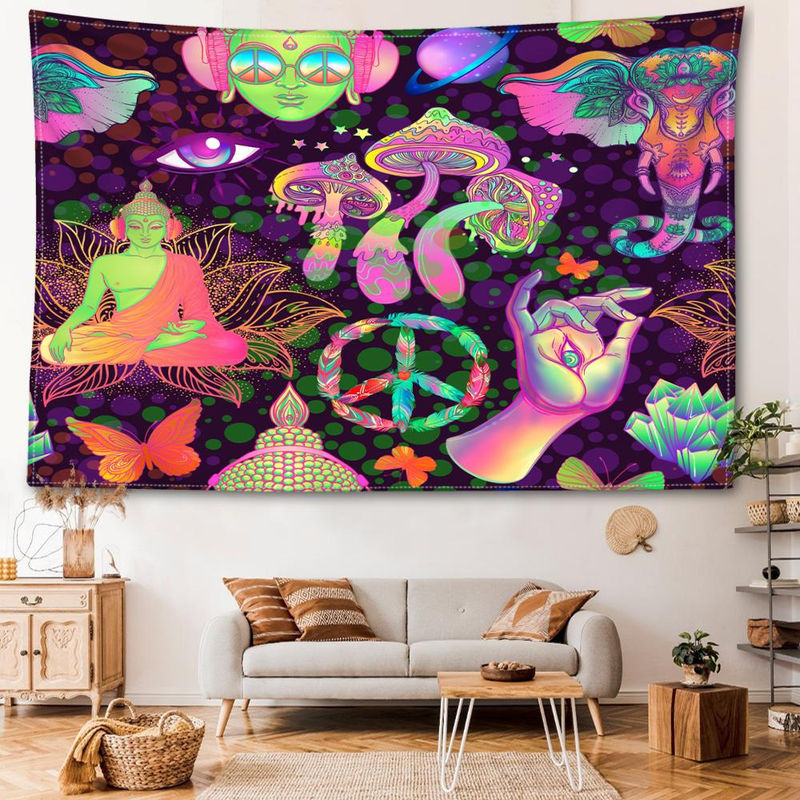 Abstrakter Wandteppich mit Pilzen und Buddha-Statuen im Bohemian Stil von Super Six, mehrfarbig, B/H: 95 x 73 cm - Bild 3