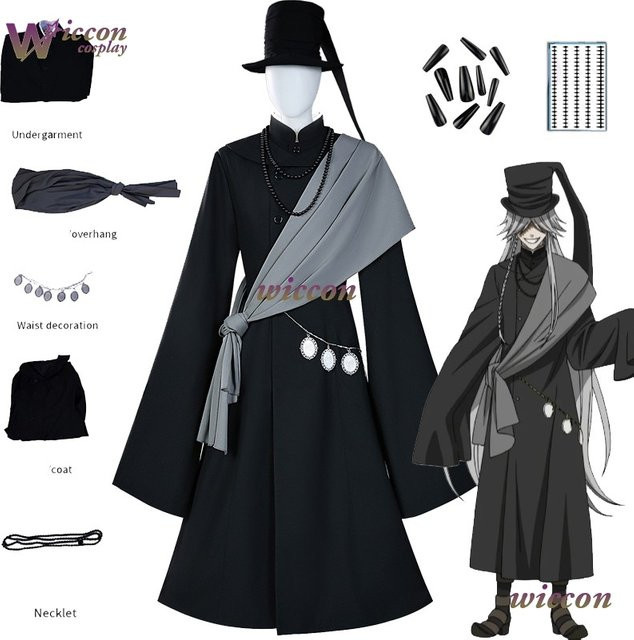 OHaYo Black Butler Undertaker Cosplay Kostüm, Schwarze Robe, Hut, Plüsch / Textil - Bild 1