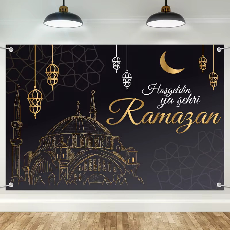 VIKAMA Willkommen Ramadan Banner Wandbehang in Schwarz mit orientalischem Mond- und geometrischem Design - Bild 2