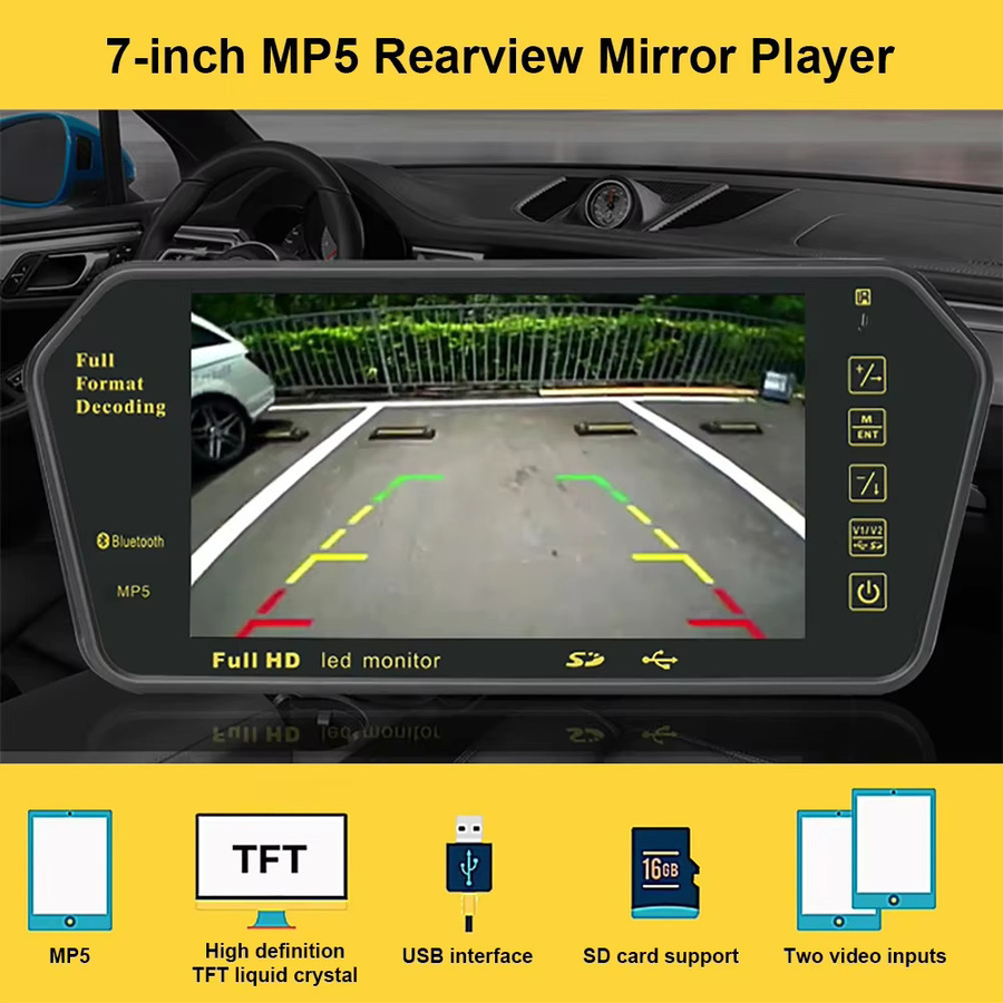 QXNY 7-Zoll LCD Full HD Spiegel-Parkmonitor mit Bluetooth, USB und FM Radio für dein Auto zur Anzeige der Rückfahrkamera in Schwarz - Bild 2