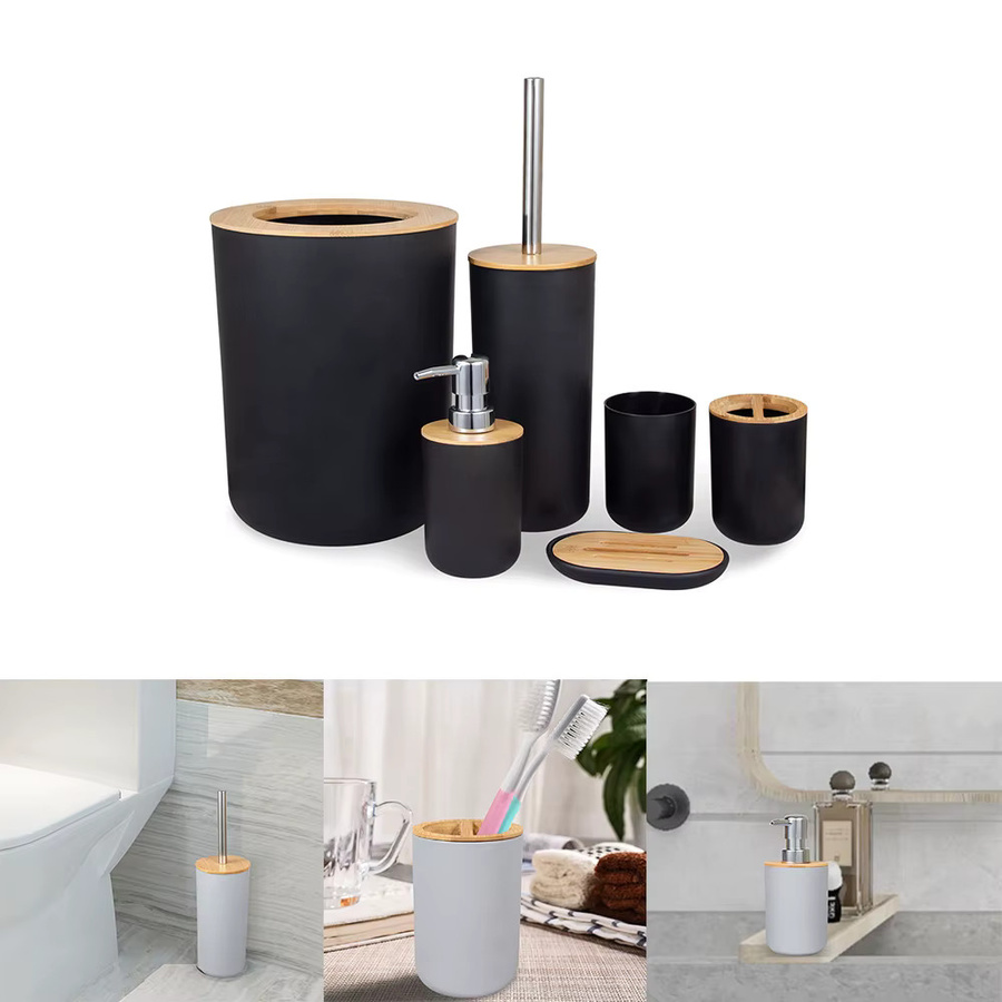 6-teiliges Badezimmer-Organizer-Set aus Bambus und Kunststoff in Schwarz mit Seifenspender, Zahnbürstenhalter, Becher, Lotionflasche, Mülleimer und WC-Bürste - Bild 2