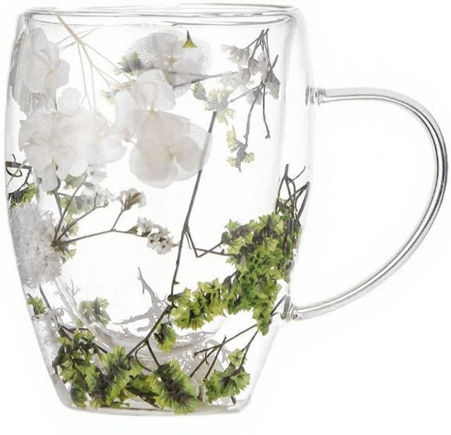 BLUELANS Doppelwandige Glas-Kaffeetasse mit Trockenblumen, Isolierter Glasbecher mit Griff, Transparent, 350 ml - Bild 1