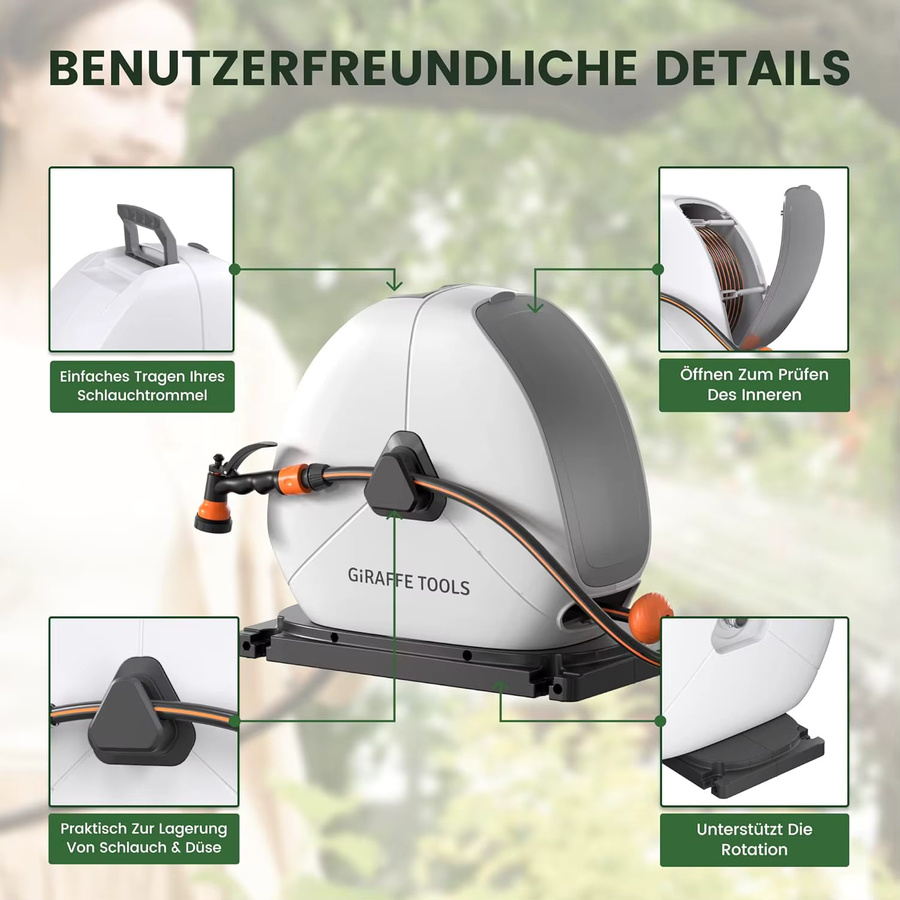 Giraffe Tools Ausziehbare Gartenschlauchtrommel in Weiß mit Bodenmontage und 7-Funktions-Sprühdüse - Bild 5