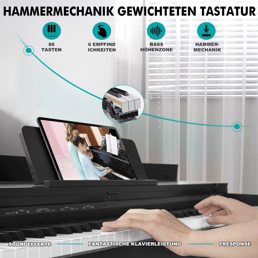 MUSTAR Digitalpiano mit 88 Tasten und Hammermechanik in Schwarz Holzoptik inklusive 3 Pedalen als E-Piano Set für Anfänger - Bild 3