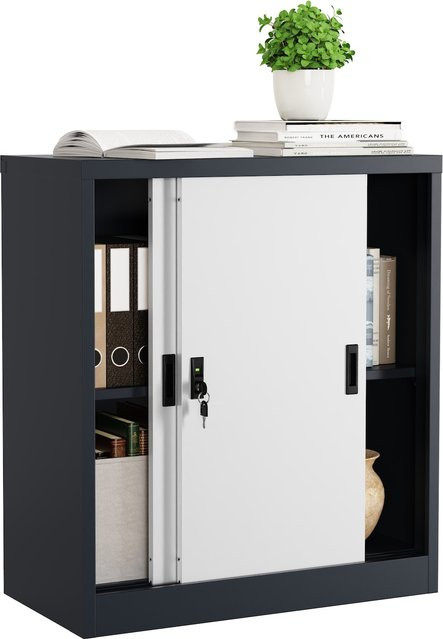 VCM Malivo Metall Büroschrank mit Schiebetüren und Schloss, 2-fach Aktenschrank aus Stahl mit höhenverstellbaren Fachböden, H x B x T: 90 x 80 x 40 cm - Bild 1