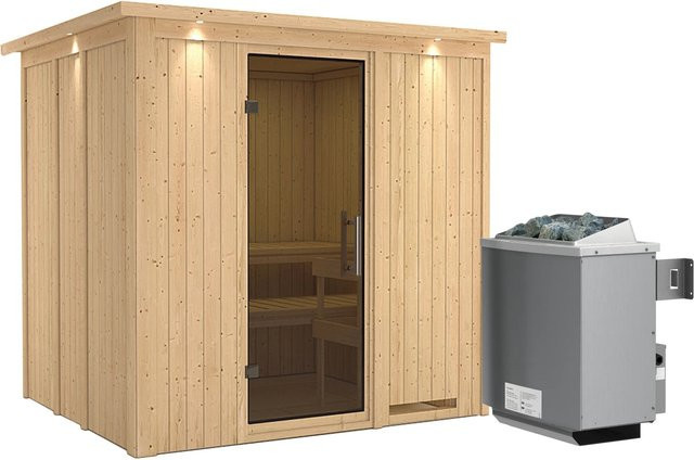 Karibu Sauna SODIN aus Fichte und Espe mit 9,0 kW Ofen, integrierter Steuerung, Dachkranz und Ganzglastür in Graphit, B/T/H: 210 x 170 x 198 cm - Bild 1