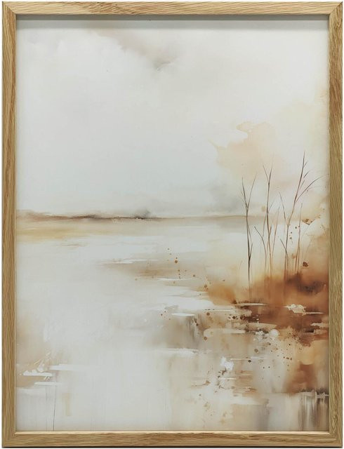 Zartes Landschaftsbild von iKable in Braun und Grün mit dunkelbraunem Holzrahmen, B/H: 30 x 40 cm - Bild 1