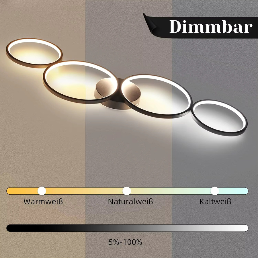 Cliheet 4-Ring LED-Deckenleuchte in Schwarz, modern, dimmbar mit Fernbedienung, 55 W, Durchmesser: 88 cm - Bild 2