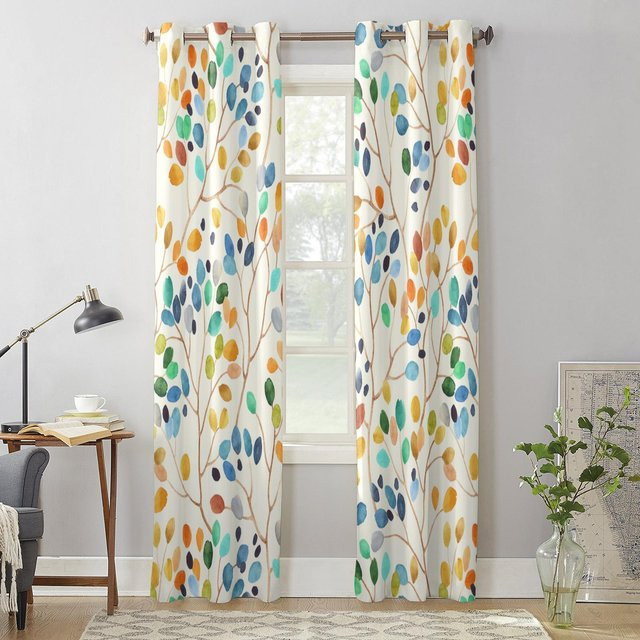 Binchi Vorhänge mit buntem Blätter-Design, modern und floral, halbtransparent, Polyester, Mehrfarbig, B: 135 cm, H: 230 cm, 2 Stück - Bild 1
