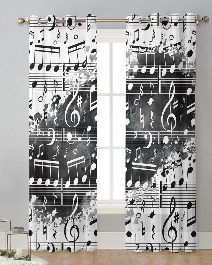 Transparente Tüll-Voile-Vorhänge mit Musik-Noten und Aquarell-Spritzer in Schwarz-Weiß, Breite: 135 cm, Höhe: 115 cm - Bild 2