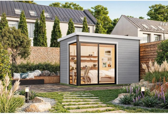 Lasita Blockbohlenhaus Austin Gartenhaus mit Flachdach in Grau, B/T/H: 379,6 x 239,4 x 259,6 cm - Bild 1