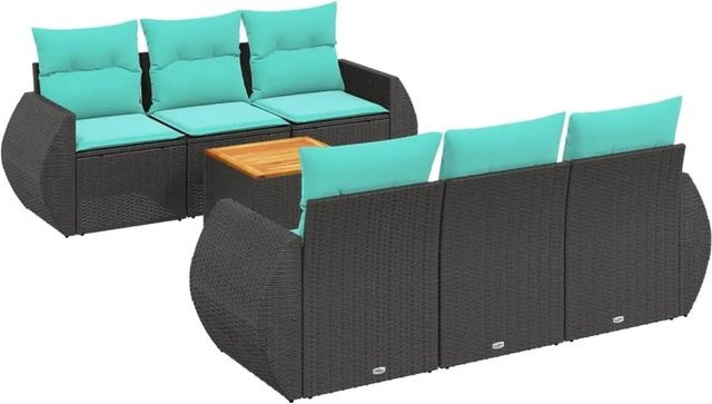 vidaXL 7-tlg. Gartensofa-Set L-Form in Schwarz mit Polyrattan und blauen Kissen für Terrasse und Garten - Bild 1