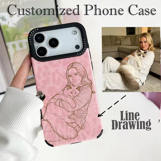 Personalisierte iPhone Hülle aus Kunstleder mit individueller Foto-Skizze und Leopardenmuster in Pink für Apple iPhone 11 bis iPhone 17 Pro Max Plus Air - Bild 1