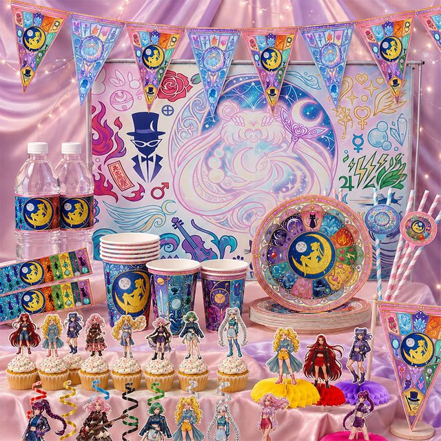 Sailor Moon Einweggeschirr-Set aus Kunststoff mit Cartoon-Muster in Mehrfarbig - Bild 1