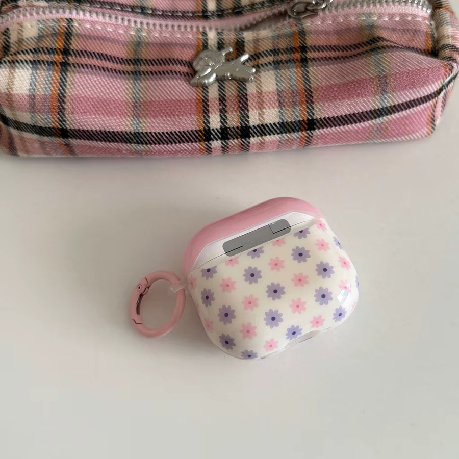 Stoßfeste Schutzhülle für Apple AirPods 1, 2, 3, 4, Pro 2 und Pro 3 mit Blumenmuster in Rosa und Lila inklusive Haken - Bild 4
