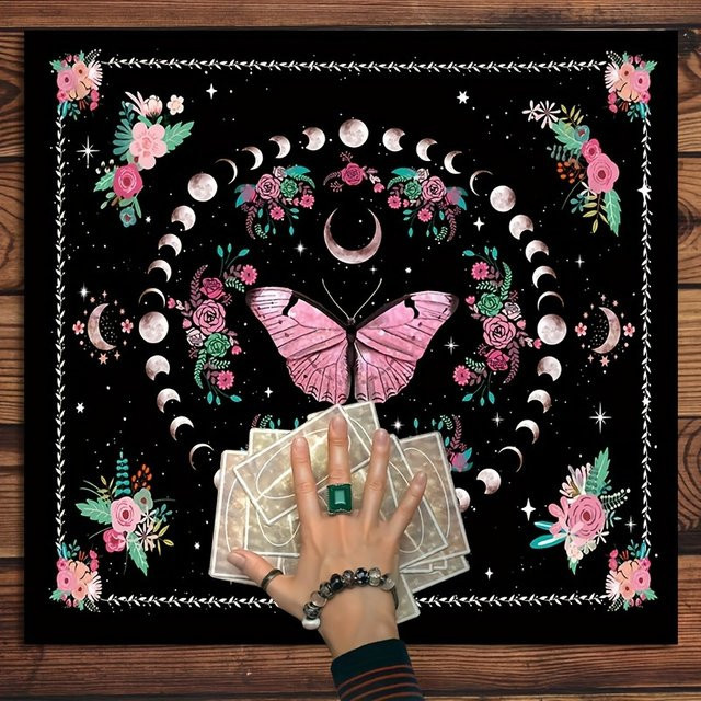 VIKAMA Tischdecke mit Mondphasen und Schmetterlings-Blumenmuster in Rosa im Boho-Stil - Bild 1