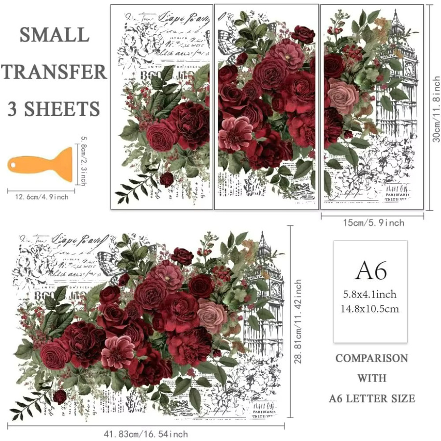 3er Set Rose Rub on Transfers für Möbel und Kunsthandwerk, rote Blumen, B: 15,2 cm, H: 30,5 cm - Bild 2