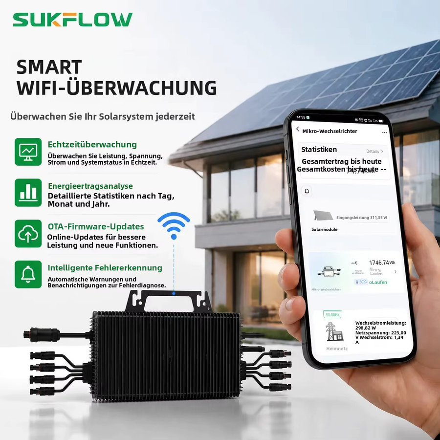 Sukflow Mikro-Wechselrichter 2250W mit 4 MPPT und WiFi-Überwachung, Schwarz, IP67 Solar-Wechselrichter für EU-PV-Systeme - Bild 4