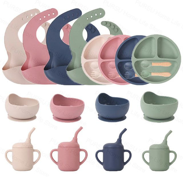 6-teiliges Silikon Geschirr Set für Babys und Kinder in Blau mit Schüsseln, Tellern, Löffeln, Gabeln, Lätzchen und Tassen zum Mahlzeit Training - Bild 1