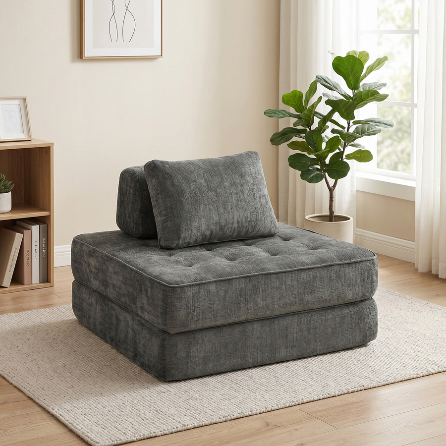 HOMCOM 2-in-1 Bodensessel Grau, Klappbares Chenille-Sofa als Boneless Cloud Schlafsessel mit dickem Stützkissen und Rückenlehne für Wohnzimmer und Schlafzimmer - Bild 2