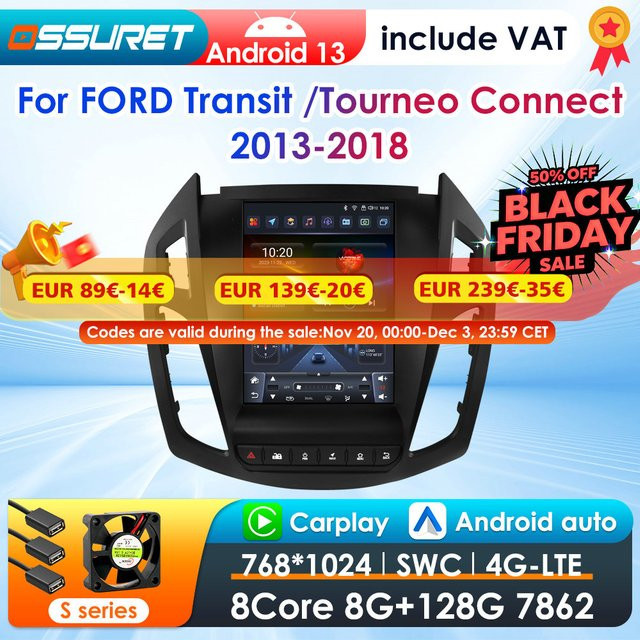 OSSURET Android 13 Autoradio mit 9,7 Zoll Display und Rückfahrkamera für Ford Transit und Tourneo Connect 2013-2016, Schwarz, Carplay Multimedia Stereo - Bild 1