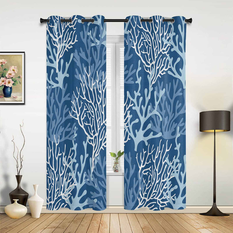 Binchi Outdoor Equipment Fenster Vorhang Sommer Ozean Koralle in Grau und Blau, halbtransparent mit Grafikdesign, Breite: 135 cm, Höhe: 60 cm - Bild 3