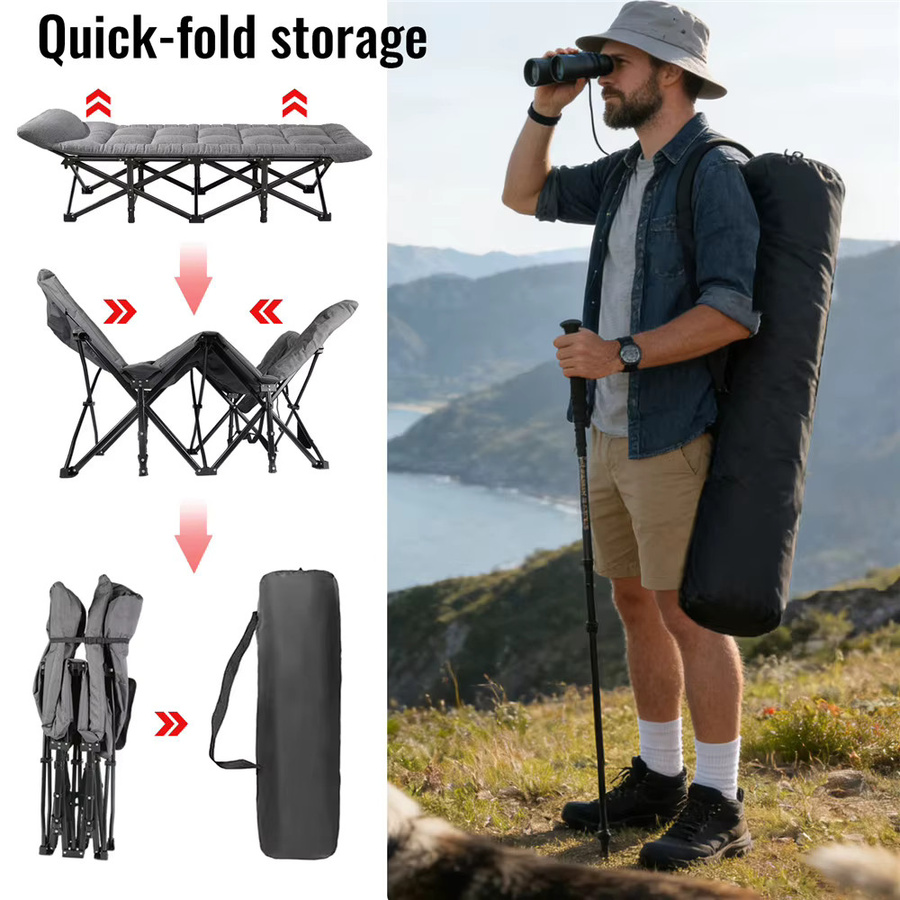HGTUGO Klappbares Campingbett Grau mit Kissen und Seitentaschen, Tragbares Outdoor-Campingbett für Erwachsene mit 200 kg Tragkraft - Bild 4