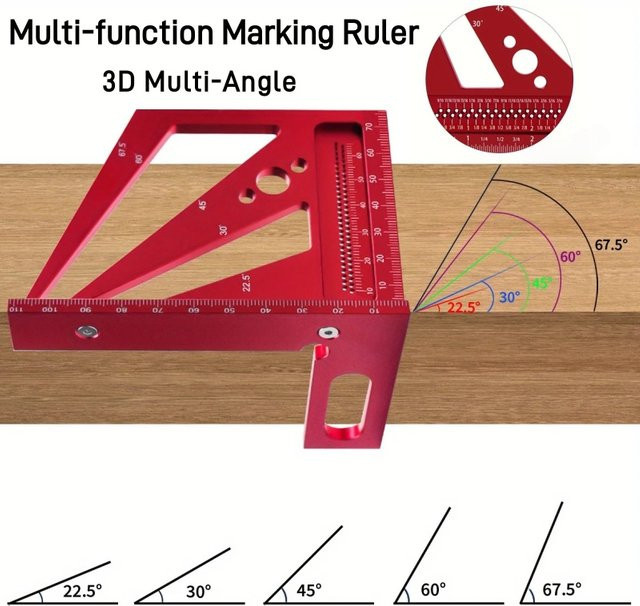 GDART 3D-Anreißnadel aus Aluminium mit T-Typ-Winkelmesser für die Holzbearbeitung, quadratischer Winkelmesser mit 22,5/30/45/60/67,5/90 Grad - Bild 1