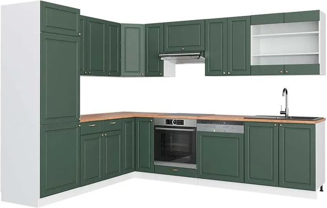 Vicco Fame-Line Eckküche im Landhausstil in Grün-Gold und Weiß mit Eiche-Optik, B/T/H: 227 x 287 x 87 cm - Bild 1