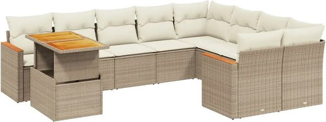 vidaXL 10-tlg. Garten-Sofagarnitur in L-Form aus Poly-Rattan und Akazienholz mit Kissen in Beige und Cremeweiß - Bild 1