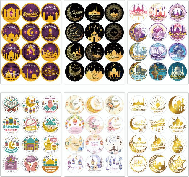 6 Blatt Ramadan-Aufkleber mit islamischen Motiven für Eid Mubarak, dekorative Kunstetiketten in Multicolour für Geschenkverpackungen, Scrapbooking und Planer - Bild 1