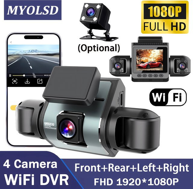 MYOLSD 4-Kanal Dashcam mit 360-Grad-Ansicht, 1080P Full HD Auto-DVR mit 4 Linsen, Front- und Rückfahrkamera mit Nachtsicht und WIFI App-Anbindung, Schwarz - Bild 1