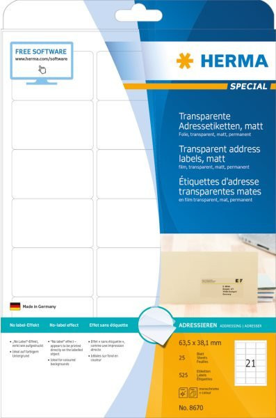 HERMA Special Adressetiketten aus transparenter Polyesterfolie, selbstklebend, matt, B: 63,5 mm, H: 38,1 mm, 525 Stück (25 Bogen) - Bild 1