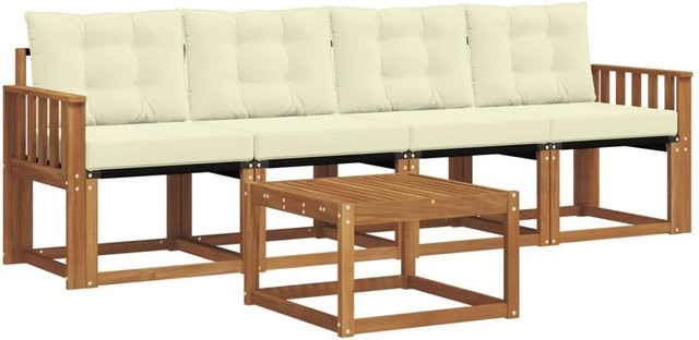 vidaXL Outdoor-Sofagarnitur aus Akazienholz mit Textilene und Kissen, 5-teilig, Natur und Creme - Bild 1