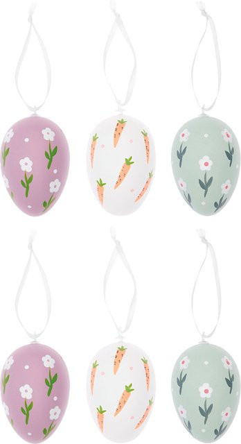 Rico Design Deko-Eier Set für Ostern in Lila, Weiß und Grün mit Blumen und Karotten Motiven - Bild 1
