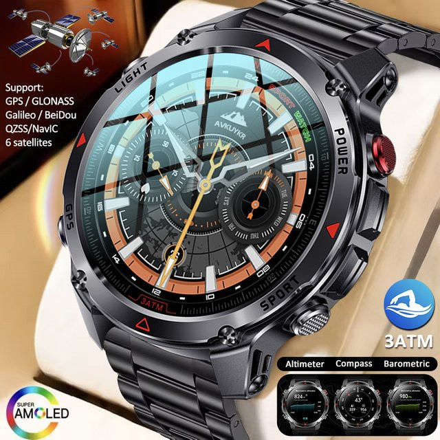 GUHUAVMI GPS-Abenteuer-Smartwatch Schwarz mit 6-Frequenz-Satellitenkompass und barometrischem Höhenmesser, 3ATM wasserdicht - Bild 1