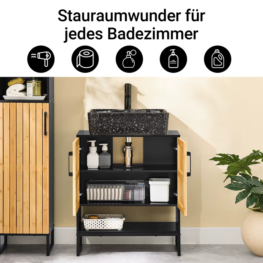 SoBuy Waschbeckenunterschrank BZR202-SCH mit Bambus Tür und Metallfüßen in Schwarz, Breite: 60 cm, Tiefe: 30 cm, Höhe: 70 cm - Bild 4