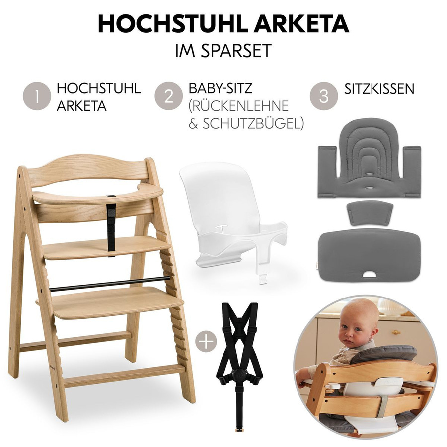Hauck Hochstuhl Arketa Oak in Eiche mit Baby Seat und Sitzpolster, Farbe Dark Grey - Bild 2