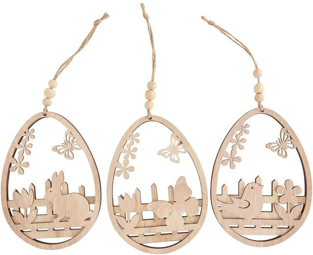 VBS Holz-Anhänger Eier Frühling in Beige mit Motiven wie Hase, Schmetterling und Vogel - Bild 1