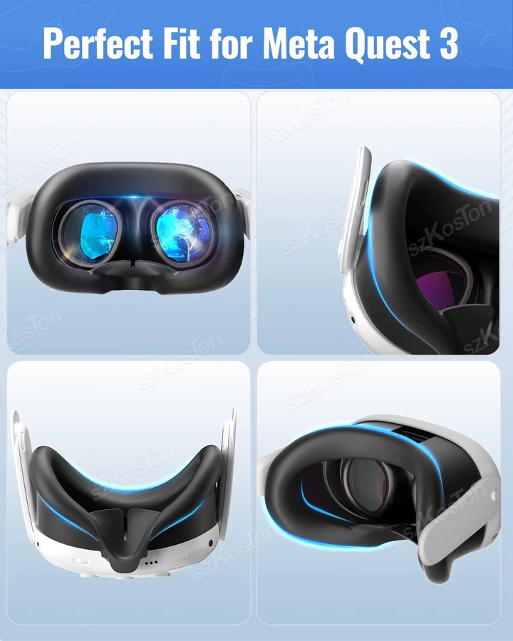 SZKOSTON Zubehör-Set für Meta Quest 3 in Schwarz mit Silikon-Gesichtspad, Objektivabdeckung und Controller-Joystick-Kappen - Bild 5