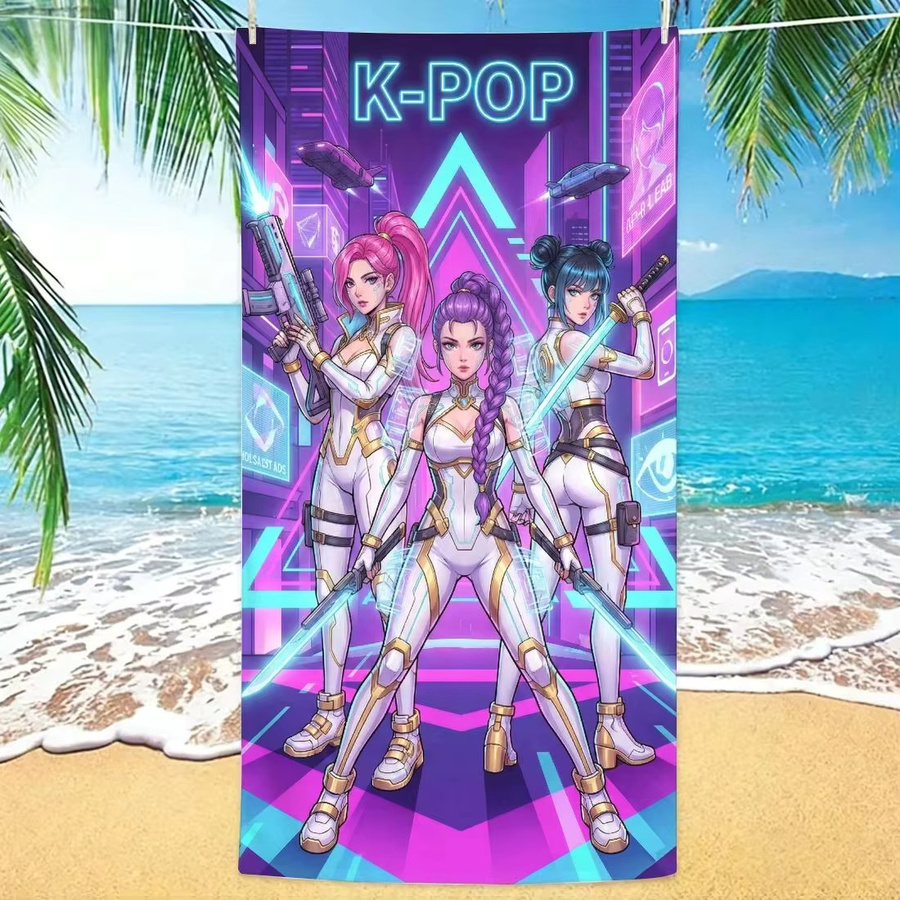 Potdemiel K-POP Cyberpunk Anime Strandtuch aus Mikrofaser, schnelltrocknend, Neonlila/Mehrfarbig - Bild 2