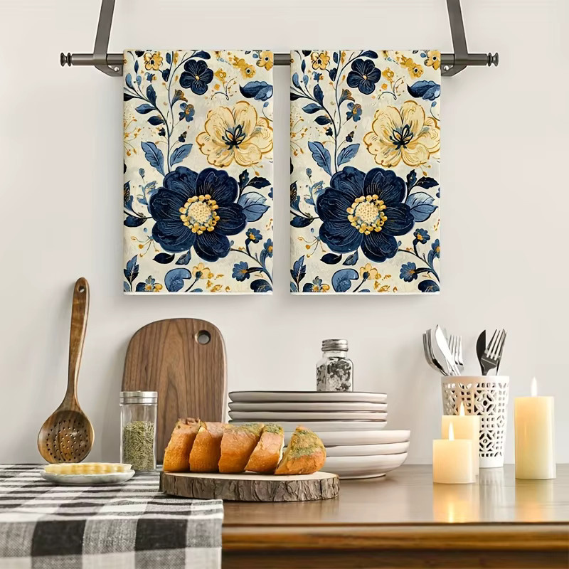 2er-Set saugfähige Küchentücher mit Blumenmuster in Dunkelblau und Gold, B: 40 cm, H: 60 cm - Bild 4