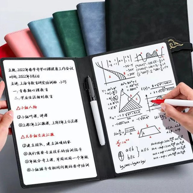 Wiederverwendbares A5 Whiteboard-Notizbuch-Set aus Kunstleder mit Whiteboard-Stift und Löschtuch in Schwarz - Bild 1